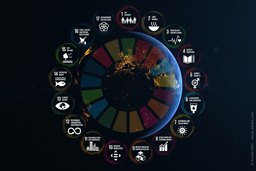 Das Bild zeigt die Symbole der 17 UN-Nachhaltigkeitsziele, kreisförmig angeordnet um den Globus