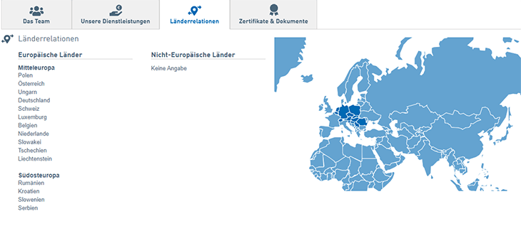 Beispielansicht Liste bedienter europäischer Länder des Transportunternehmens in Unternehmensprofilen