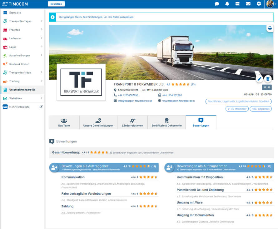 Screenshot vom Smart Logistics System zum Unternehmensprofil mit Bewertungen