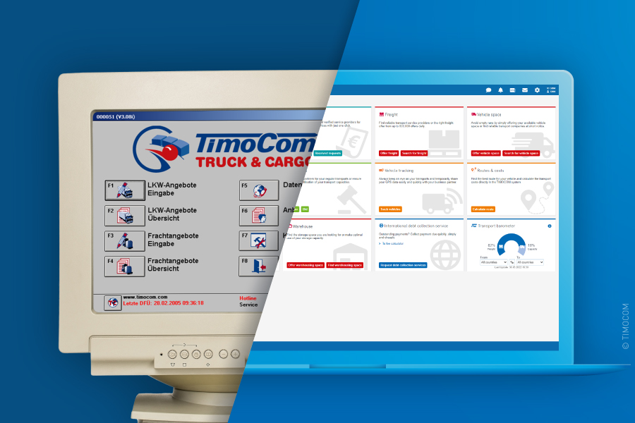 TIMOCOM's freight exchange: screenshots of the application from 1997 and today