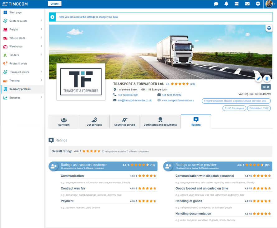 Posnetek zaslona sistema pametne logistike za profil podjetja z ocenami