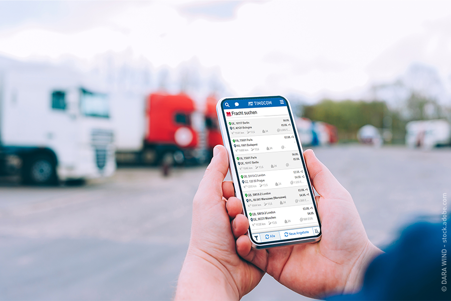 Mobile device showing TIMOCOM'S mobile freight search