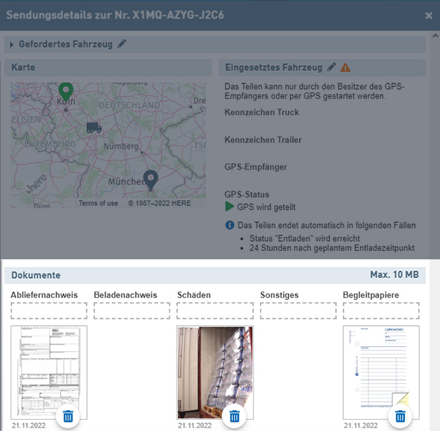 Dokumentenupload in der Live-Sendungsverfolgung 