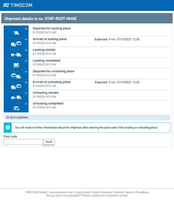 Status updates in the TIMOCOM Live Shipment Tracking 