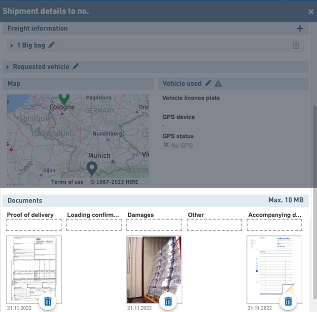 Document upload in the live shipment tracking feature 