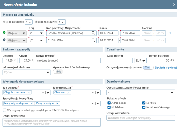 Nowa oferta ładunku