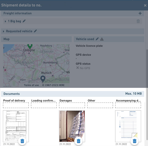 Document upload in the live shipment tracking feature Document upload in the live shipment tracking feature