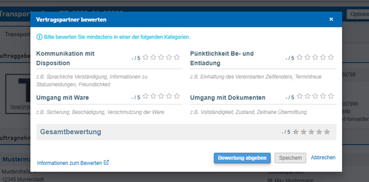 Screenshot prostředí Marketplace k funkci hodnocení pro přepravní partnery