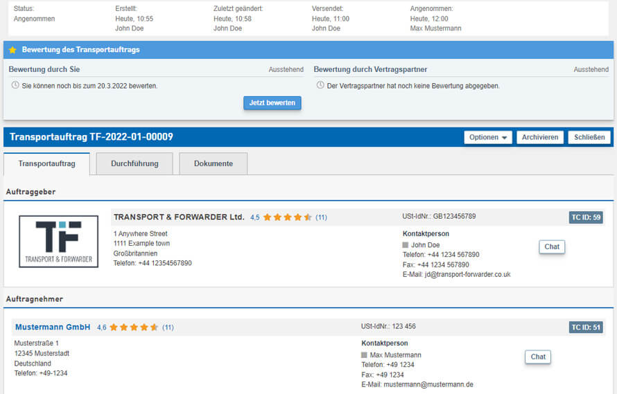 Screenshot prostredia Marketplace pre hodnotenie objednávky prepravy na TIMOCOM Burze nákladov Screenshot prostredia Marketplace pre hodnotenie objednávky prepravy na TIMOCOM Burze nákladov