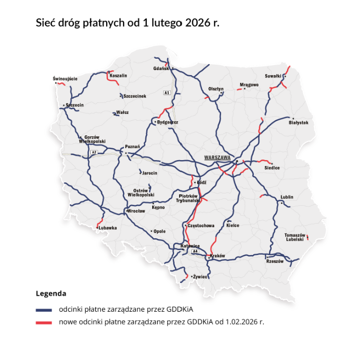 Sieć dróg płatnych od 1 lutego 2026 w Polsce