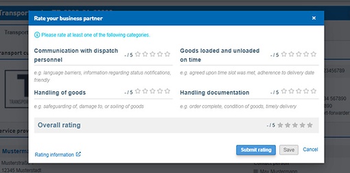Smart Logistics System screenshot: rating a transport order in the TIMOCOM freight exchange.