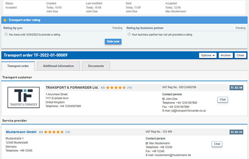 Skjermdump fra TIMOCOMs markedsplass for evaluering av et transportoppdrag i TIMOCOMs fraktbørs Skjermdump fra TIMOCOMs markedsplass for evaluering av et transportoppdrag i TIMOCOMs fraktbørs