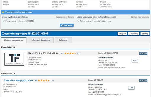 Zrzut ekranu z Systemu Smart Logistics firmy TIMOCOM do oceniania zleceń transportowych