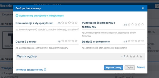 Zrzut ekranu z Systemu Smart Logistics firmy TIMOCOM przedstawiający kategorie ocen