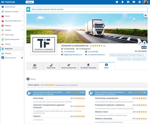 Zrzut ekranu z Systemu Smart Logistics firmy TIMOCOM przedstawiający widoczność ocen w profilu firmy