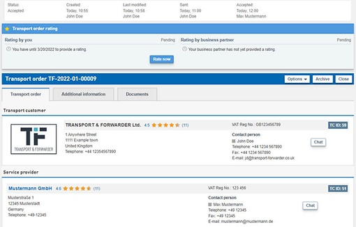 Smart Logistics System screenshot: rating a transport order in the TIMOCOM freight exchange.