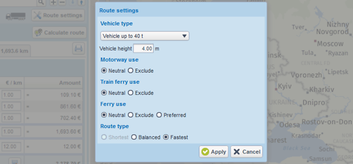 Use route settings to select options and calculate the cost of the route