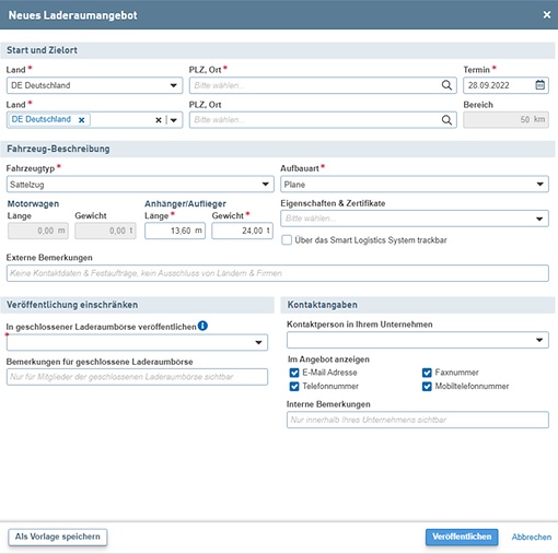 Screenshot neues Laderaumangebot