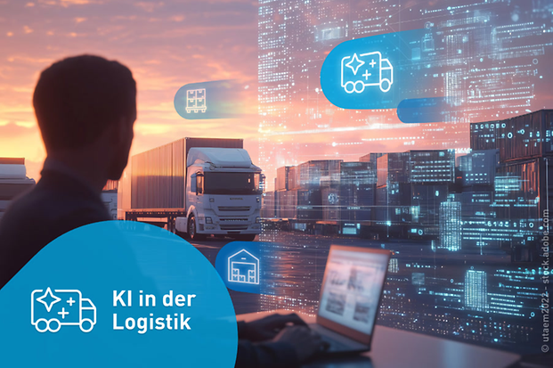 Geschäftsmann am Laptop, im Hintergrund Lkw und Container bei Sonnenuntergang. Digitale Logistikdaten werden angezeigt. Geschäftsmann am Laptop, im Hintergrund Lkw und Container bei Sonnenuntergang. Digitale Logistikdaten werden angezeigt.