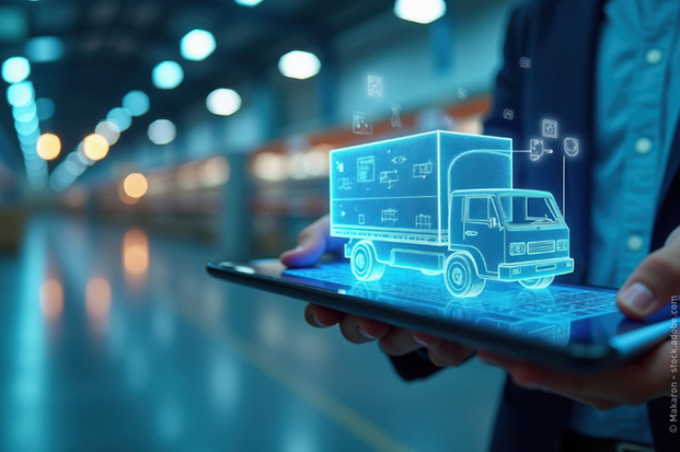 Person hält ein Tablet mit einem holografischen Bild eines Lieferwagens in einer modernen Lagerhalle.  Person hält ein Tablet mit einem holografischen Bild eines Lieferwagens in einer modernen Lagerhalle.